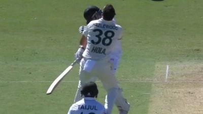 Josh Hazlewood collided with Taskin Ahmed. (X images) Josh Hazlewood collided with Taskin Ahmed. (X images)