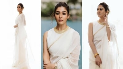 Nayanthara displayed a quiet luxury aesthetic in an ivory saree with minimal adornment. (Instagram/ Nayanthara) Nayanthara displayed a quiet luxury aesthetic in an ivory saree with minimal adornment. (Instagram/ Nayanthara)