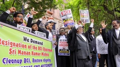 Hyderabad: Members of the All India Lawyers Union (AILU) Telangana State Committee raise slogans during a protest demanding the resignation of Bar Council of India (BCI) Chairman Manan Kumar Mishra. (PTI) Hyderabad: Members of the All India Lawyers Union (AILU) Telangana State Committee raise slogans during a protest demanding the resignation of Bar Council of India (BCI) Chairman Manan Kumar Mishra. (PTI)