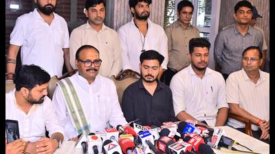 Uttar Pradesh deputy CM Brajesh Pathak alongside students’ delegation at a press conference in Lucknow