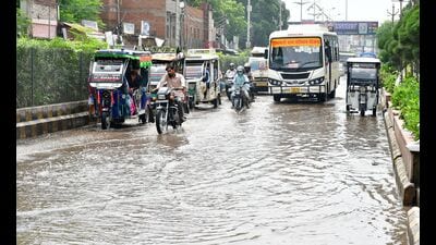 Waterlogging in Baihrana and other parts of the city on Saturday. (Anil Kumar Maurya/HT)