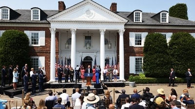 President Trump speaks outside the Trump National Golf Club Bedminster in 2021. President Trump speaks outside the Trump National Golf Club Bedminster in 2021.