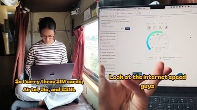 A woman revealed the setup she used to attend meetings and stay connected while travelling by train. (Instagram/thetravellergurl)