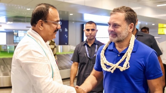 Pune, Aug 22 (ANI): Lok Sabha LoP Rahul Gandhi receives a warm welcome upon arrival at Pune Airport, in Pune on Saturday.