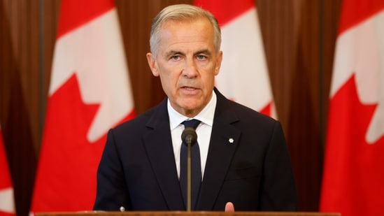 Prime Minister Mark Carney speaks about Canada's response to new US tariffs during a news conference on Parliament Hill in Ottawa.