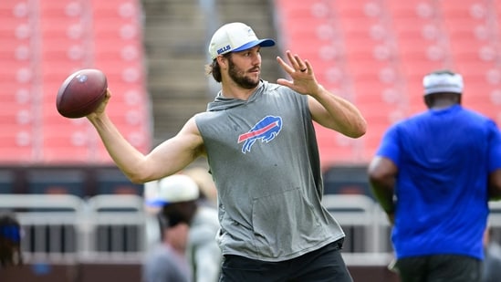 Josh Allen #17 of the Buffalo Bills warms up prior to a preseason game against the Cleveland Browns at Huntington Bank Field in Cleveland, Ohio.