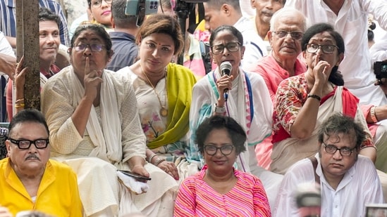 TMC supremo Mamata Banerjee during a sit-in protest in Kolkata, in June, 2026. Party MP Dola Sen and others are also present.