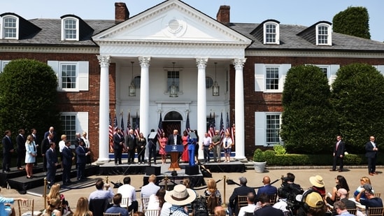 President Trump speaks outside the Trump National Golf Club Bedminster in 2021.