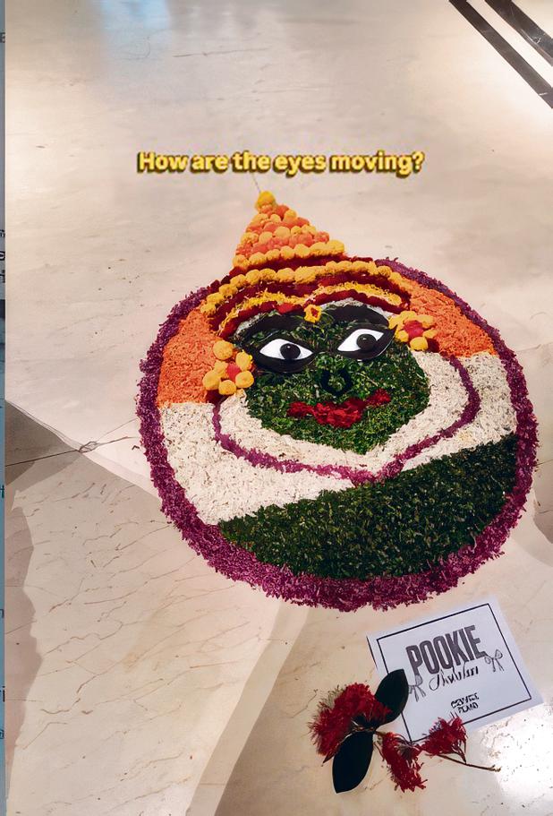 A viral Kathakali-themed Pookalam with moving eyes has caught the internet’s attention with over 16M views. A viral Kathakali-themed Pookalam with moving eyes has caught the internet’s attention with over 16M views.