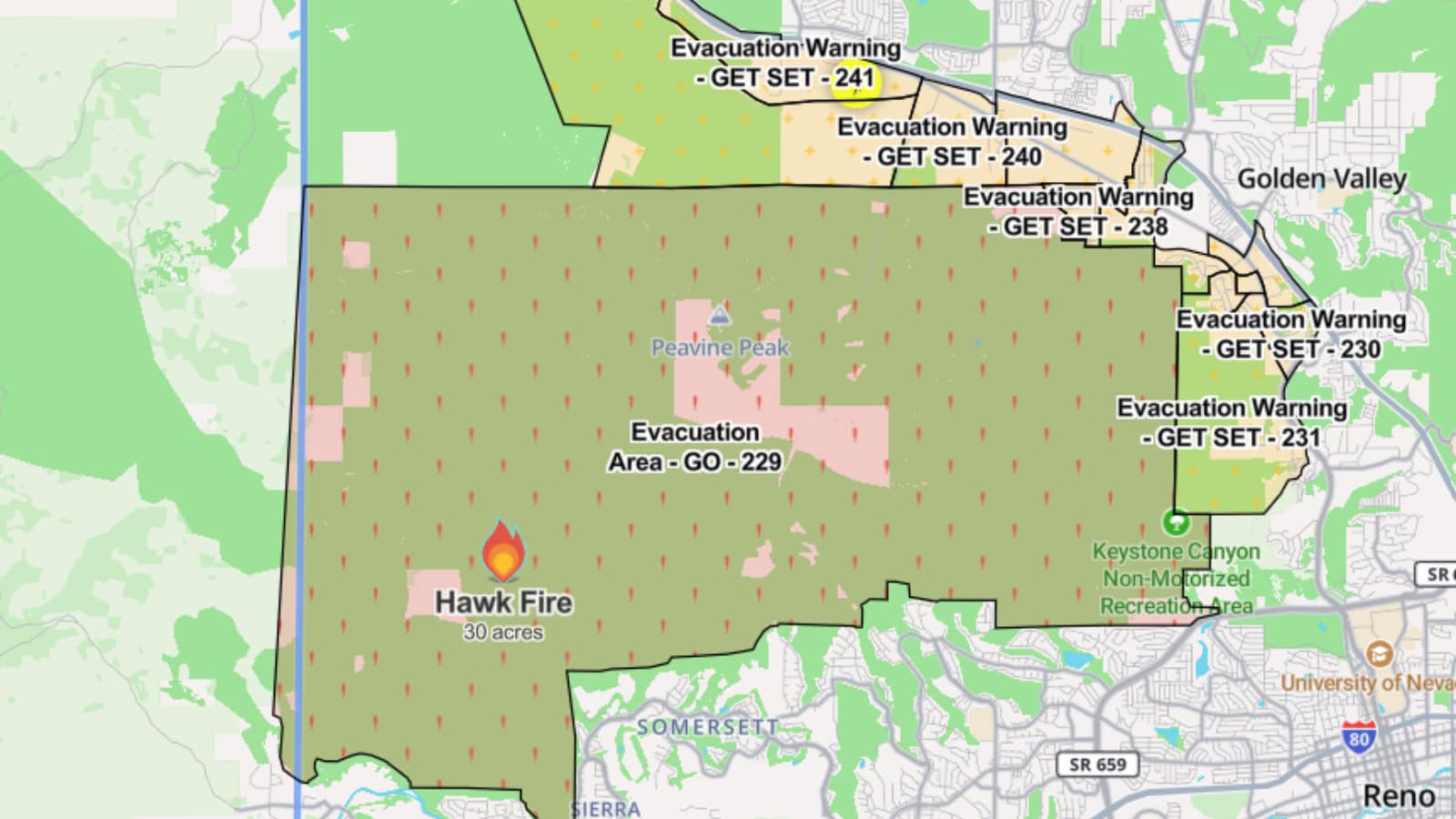 Peavine Peak, Verdi, Mogul and Cold Springs were among the areas on alert. (MapBox via WatchDuty) Peavine Peak, Verdi, Mogul and Cold Springs were among the areas on alert. (MapBox via WatchDuty)