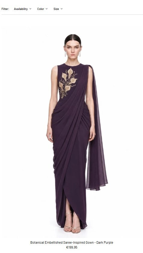 The label had sparked internet fury after listing a semi-sheer, pre-draped navy blue saree complete with a cascading pallu as a “Botanical Embellished Draped Overlay Maxi Dress” for €199,95. (Photo: JW PEI)
