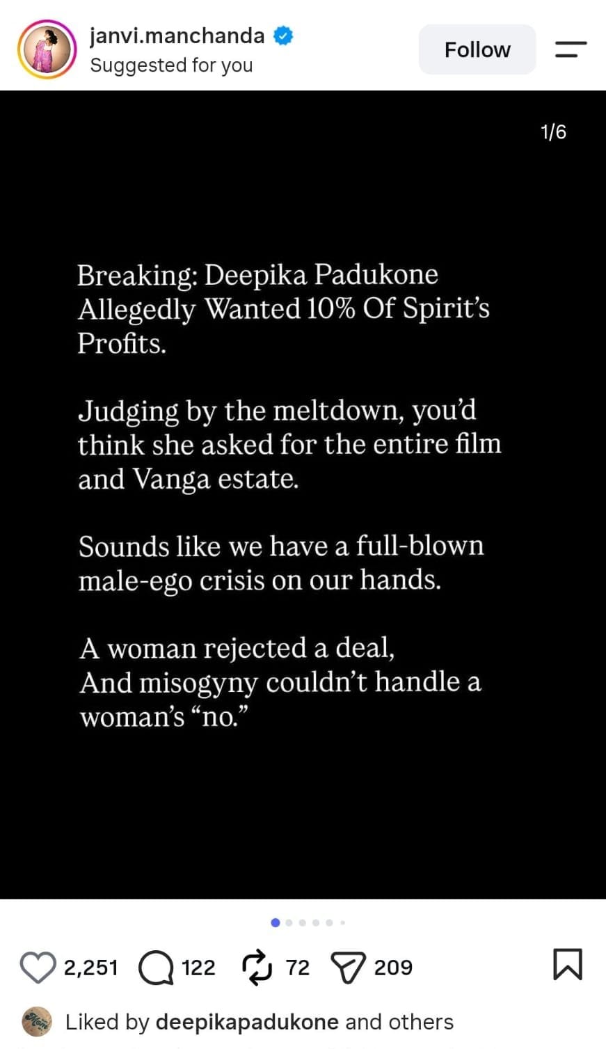 Deepika Padukone liked this post against Sandeep Reddy Vanga.