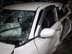 New Delhi, Aug 23 (ANI): A view of the damaged out-of-control car after it crashed through the divider, in front of the old Police Headquarters, at the ITO traffic signal, in New Delhi on Sunday. (ANI Video Grab)(ANI Video Grab)