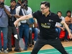 File photo of Union minister Kiren Rijiju playing badminton at the Constitution Club of India