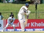 India's Yashasvi Jaiswal plays a shot during the first day of the second Test cricket match between Sri Lanka and India