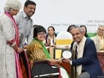 Debasmita Das, receiving the silver medal and best research award in Masters in Women Studies from Dr C S Pramesh, Chief Guest 86th convocation TISS.