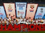 East Bengal players celebrate their Durand Cup win at Salt Lake Stadium in Kolkata on Sunday. (Samir Jana/HT)
