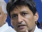 Gurugram: Congress MP Deepender Singh Hooda addresses a press conference, at party office, in Gurugram, Haryana, Saturday. (PTI)