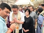 Led by Kotaro Nagasaki, around 15 prominent members of the Japanese delegation visited Shri Kashi Vishwanath Dham and offered prayers. (HT)