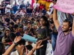 People stage a protest demanding the scrapping of the National Eligibility-cum-Entrance Test, at the Communist Party of India (CPI) state headquarters in Chennai.