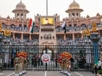 Border Security Force personnel perform during the Beating Retreat ceremony on the eve of the 80th Independence Day, at the Attari-Wagah Border, in Amritsar, Punjab. (Photo for representation)(PTI)