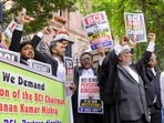 Members of the All India Lawyers Union (AILU) Telangana State Committee raise slogans during a protest demanding the resignation of Bar Council of India (BCI) Chairman Manan Kumar Mishra, in Hyderabad,(PTI)