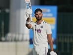 India's Devdutt Padikkal celebrates his century during day one of the second cricket test match between Sri Lanka and India in Colombo, Sri Lanka, Sunday, Aug. 23, 2026. (AP Photo/Eranga Jayawardena)