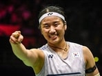 South Korea’s An Se Young celebrates after defeating Japan’s Akane Yamaguchi in the women’s singles final. (Sanchit Khanna/HT)