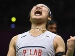 South Korea’s An Se Young celebrates her second women’s singles world title after defeating Japan’s Akane Yamaguchi 21-17, 21-14 in the final in New Delhi on Sunday. (Sanchit Khanna/HT Photo)