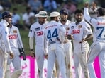 Sri Lanka's Asitha Fernando celebrates with teammates after taking the wicket of Ravindra Jadeja. (PTI) Sri Lanka's Asitha Fernando celebrates with teammates after taking the wicket of Ravindra Jadeja. (PTI)