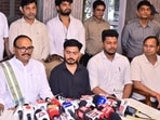 Uttar Pradesh deputy CM Brajesh Pathak alongside students’ delegation at a press conference in Lucknow