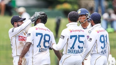 Yashasvi Jaiswal was involved in an ugly exchange with Asitha Fernando post his dismissal. The left-hander charged back after being provoked. There was a case of helmet butting, and Jaiswal is now in danger of being fined. (ANI Photo) Yashasvi Jaiswal was involved in an ugly exchange with Asitha Fernando post his dismissal. The left-hander charged back after being provoked. There was a case of helmet butting, and Jaiswal is now in danger of being fined. (ANI Photo)