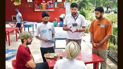 NSUI’s Gurnam Singh Sidhu campaigning ahead of PU elections on Sunday. (Keshav Singh/HT) NSUI’s Gurnam Singh Sidhu campaigning ahead of PU elections on Sunday. (Keshav Singh/HT)