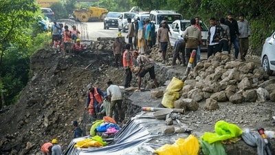 Workers carry out repair work on a damaged retaining wall along the Dehradun-Mussoorie road, at Paniwala Band, in Mussoorie, Uttarakhand, Saturday, Aug. 22, 2026. (PTI) Workers carry out repair work on a damaged retaining wall along the Dehradun-Mussoorie road, at Paniwala Band, in Mussoorie, Uttarakhand, Saturday, Aug. 22, 2026. (PTI)