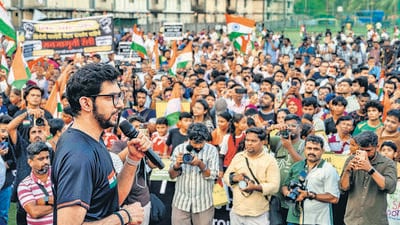 Shiv Sena (UBT) leader and Mumbai Football Association President Aaditya Thackeray led the "Mumbai Maidan Bachao Tiranga Andolan" (Tiranga rally) at the Neville D'Souza Football Turf in Bandra West (Satish Bate/ Hindustan Times) Shiv Sena (UBT) leader and Mumbai Football Association President Aaditya Thackeray led the "Mumbai Maidan Bachao Tiranga Andolan" (Tiranga rally) at the Neville D'Souza Football Turf in Bandra West (Satish Bate/ Hindustan Times)