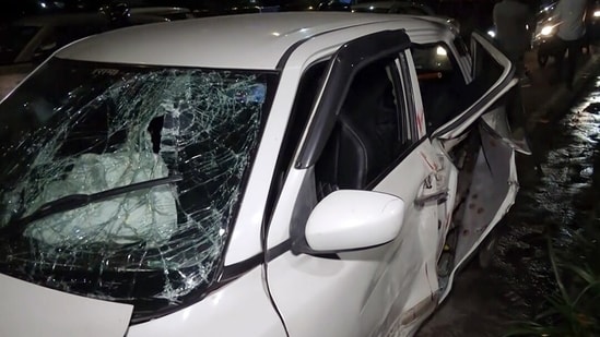 New Delhi, Aug 23 (ANI): A view of the damaged out-of-control car after it crashed through the divider, in front of the old Police Headquarters, at the ITO traffic signal, in New Delhi on Sunday. (ANI Video Grab)