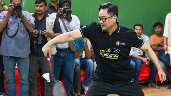 File photo of Union minister Kiren Rijiju playing badminton at the Constitution Club of India