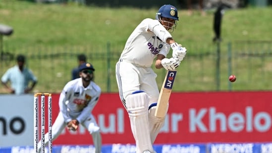 India's Yashasvi Jaiswal plays a shot during the first day of the second Test cricket match between Sri Lanka and India