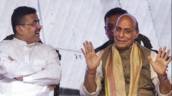 Chief minister Suvendu Adhikari, who was present at the event, thanked Union defence minister Rajnath Singh for the major investment in the state. (PTI)