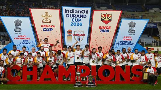 East Bengal players celebrate their Durand Cup win at Salt Lake Stadium in Kolkata on Sunday. (Samir Jana/HT)