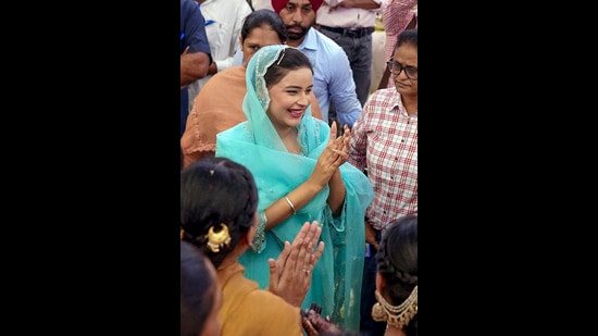 Punjab chief minister Bhagwant Mann’s wife Gurpreet Kaur and others during Teej celebrations in Patiala on Sunday. (PTI)