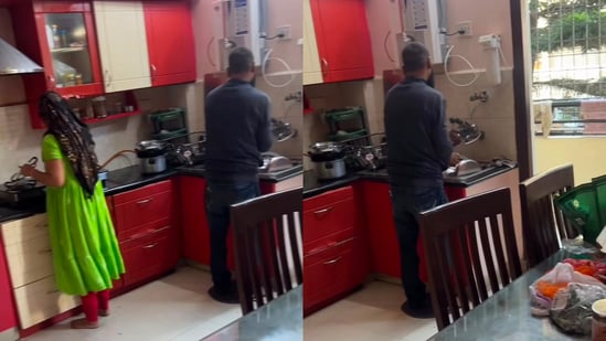 House help’s husband lends a helping hand.