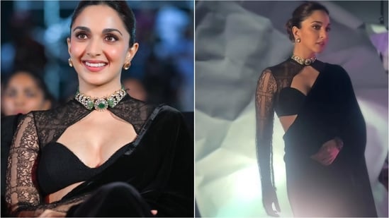 Kiara Advani shines in elegant black aaree at Toxic event in Hyderabad.