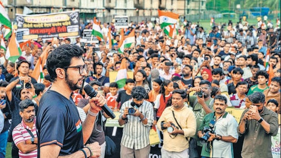 Shiv Sena (UBT) leader and Mumbai Football Association President Aaditya Thackeray led the "Mumbai Maidan Bachao Tiranga Andolan" (Tiranga rally) at the Neville D'Souza Football Turf in Bandra West (Satish Bate/ Hindustan Times)