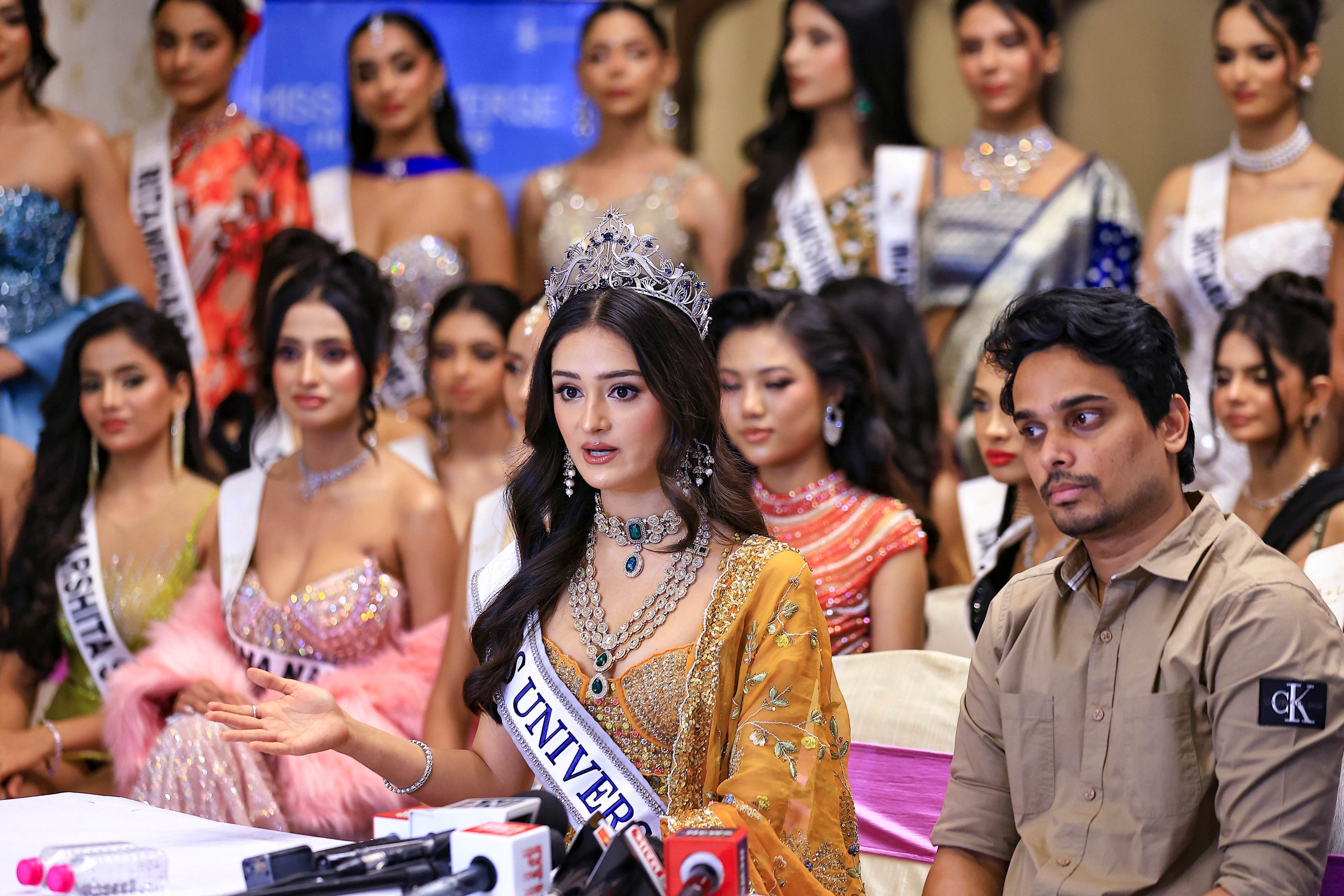 Miss Universe India 2025 Manika Vishwakarma at a media interaction weeks ahead of the Miss Universe India 2026 grand finale in Jaipur. (PTI)