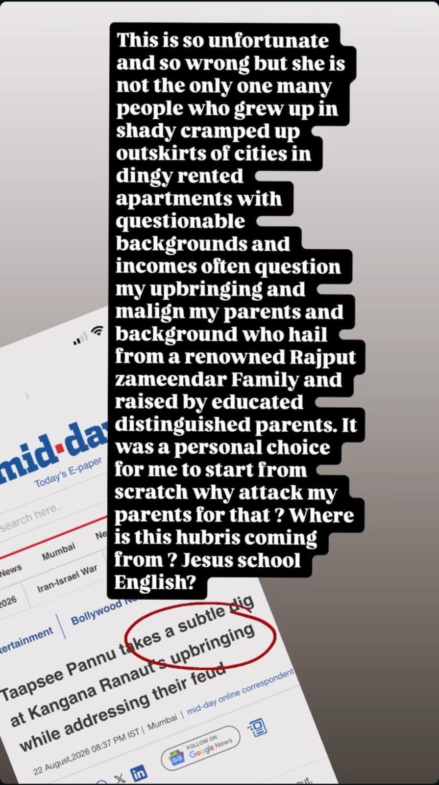 Kangana directly referred to Taapsee in her follow-up story. Kangana directly referred to Taapsee in her follow-up story.