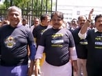 BJP leaders hold a protest march from the Valmiki statue to Vidhana Soudha demanding the resignation of Karnataka Minister B Nagendra over his alleged involvement in the Maharshi Valmiki Scheduled Tribes Development Corporation funds embezzlement scam, in Bengaluru.(ANI Video Grab)