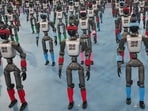 Robots are prepared ahead the opening ceremony of the World Humanoid Robot Games in Beijing, Saturday, Aug. 22, 2026. (AP Photo/Achmad Ibrahim)(AP Photo/Achmad Ibrahim)