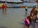 After the Ganga water receded, steps of Dashashwamedh ghat became visible in Prayagraj on August 24. (HT photo)