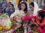 Devotees offering prayers at a Lord Shiva temple in Prayagraj on the last Monday of Sawan month. (HT photo)